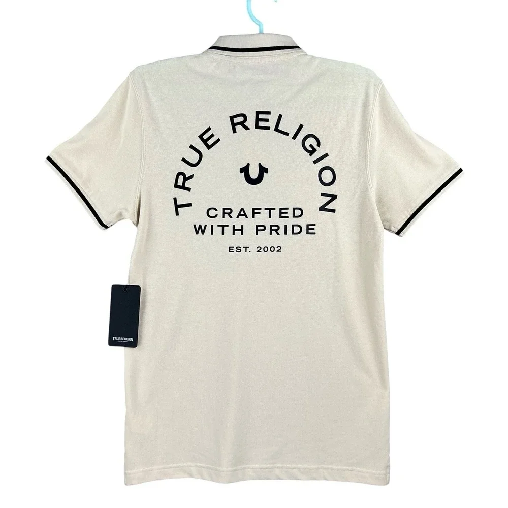 NWT True Religion Men's Crafted W/Pride Fog White/Black Tipping Polo Size Small